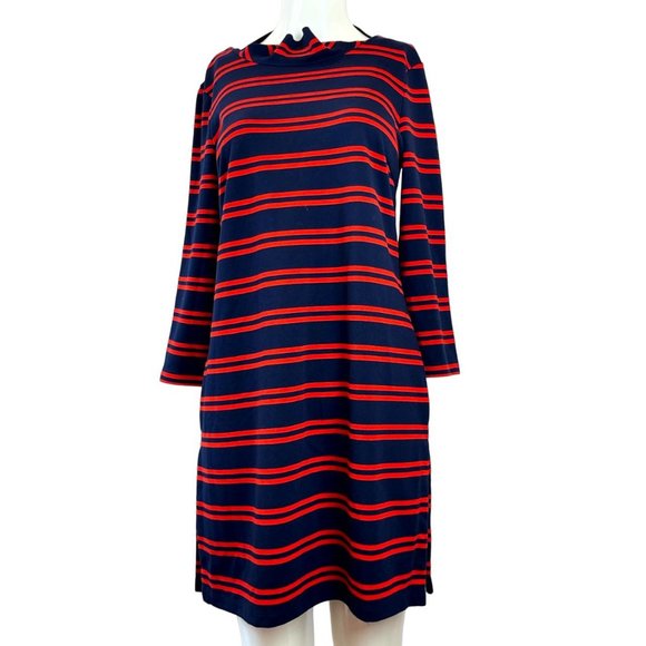 Halogen Women Striped Sweater Dress Stretch Side Slit Cowl Neck Blue Red Size S - Picture 1 of 11